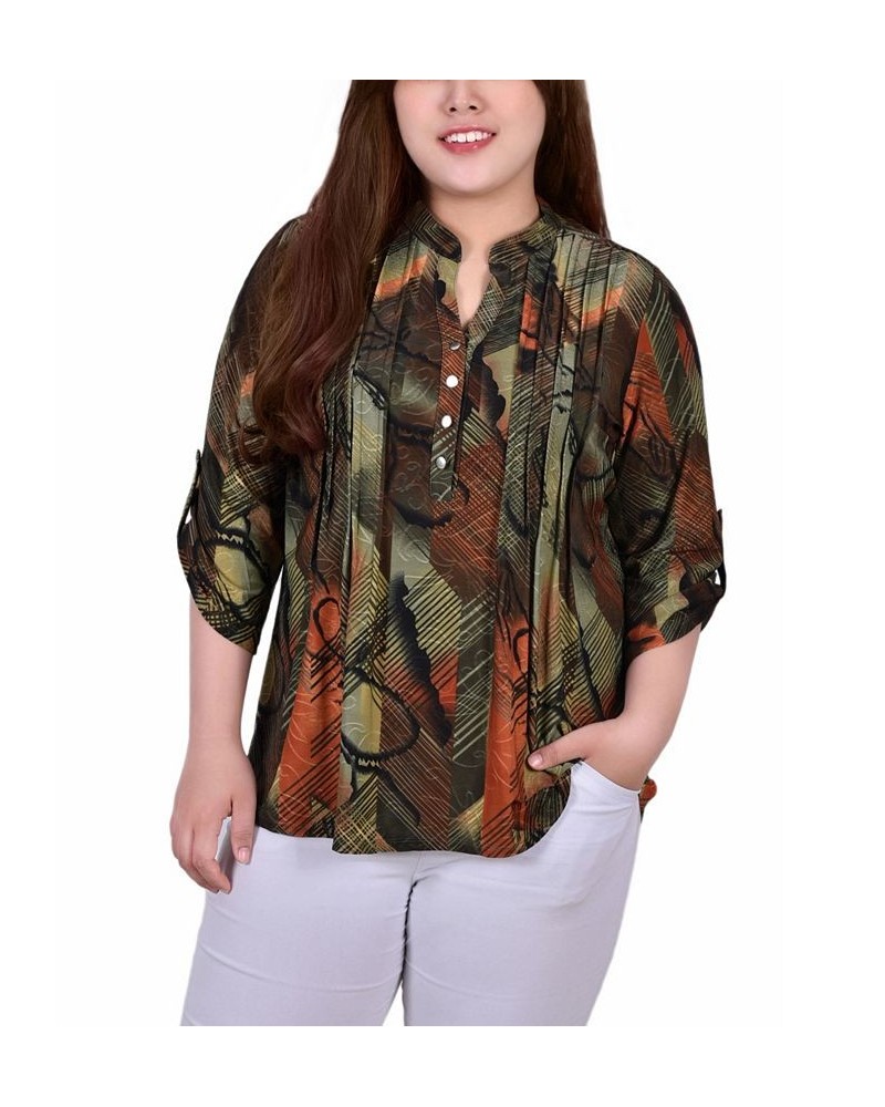 Plus Size 3/4 Roll Tab Sleeve Y-Neck Top Olive Gilia $13.14 Tops