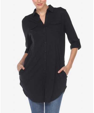 Women's Stretchy Button-Down Tunic Top Black $14.76 Tops