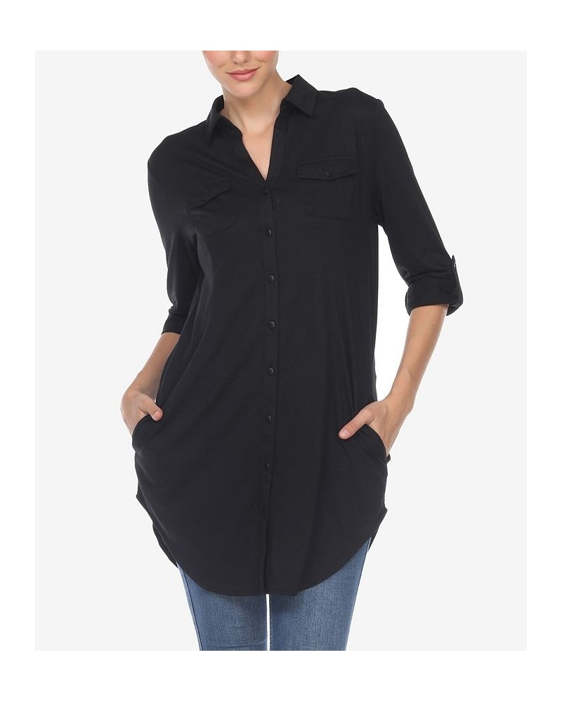 Women's Stretchy Button-Down Tunic Top Black $14.76 Tops