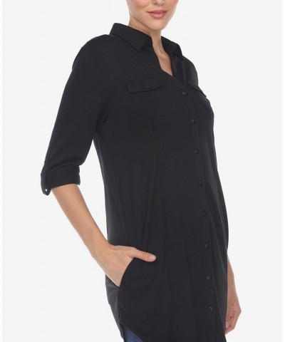 Women's Stretchy Button-Down Tunic Top Black $14.76 Tops