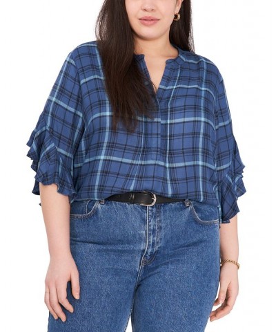 Plus Size Split-Neck Plaid-Print Flutter-Sleeve Top Blueberry $21.29 Tops