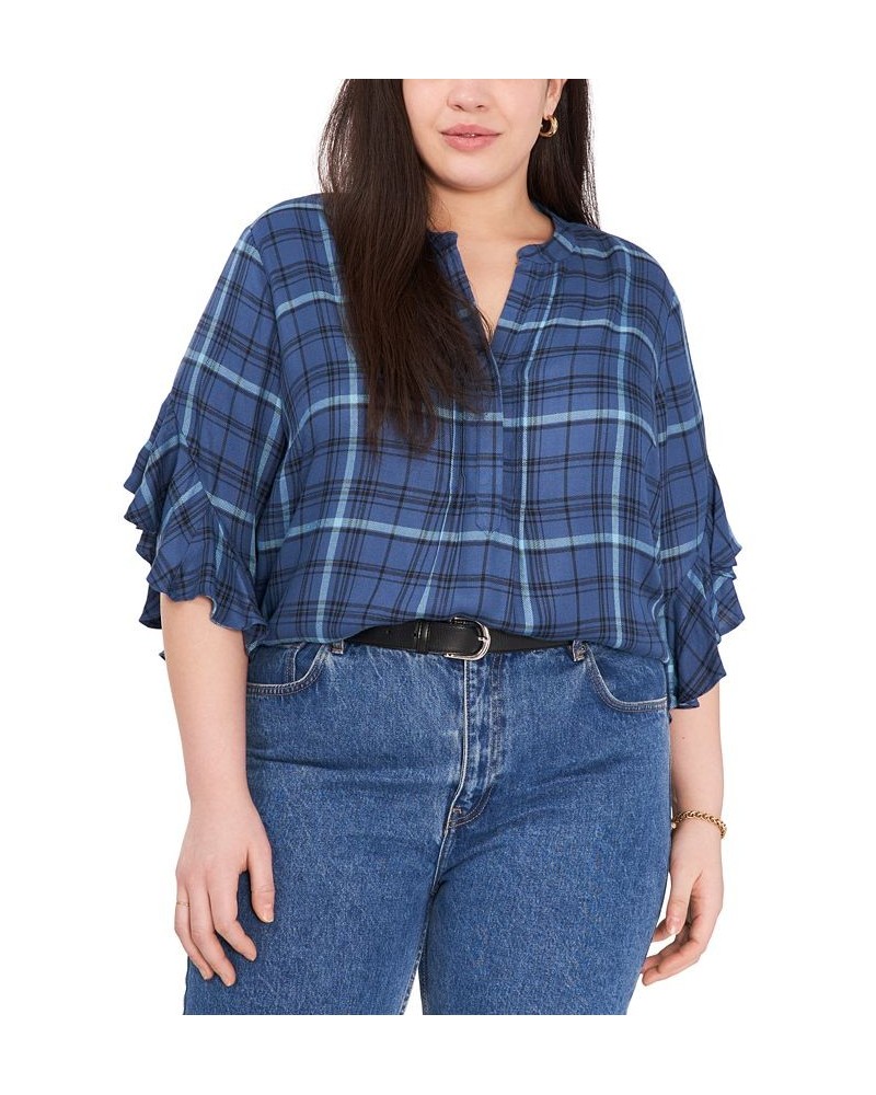 Plus Size Split-Neck Plaid-Print Flutter-Sleeve Top Blueberry $21.29 Tops