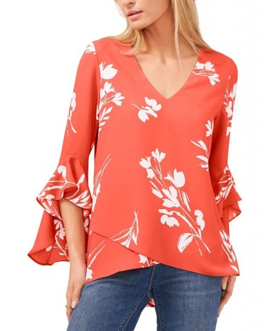 Women's Floral Whisper Printed Flutter-Sleeve Blouse Orange $29.16 Tops