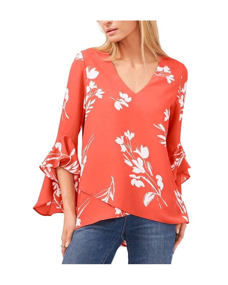 Women's Floral Whisper Printed Flutter-Sleeve Blouse Orange $29.16 Tops