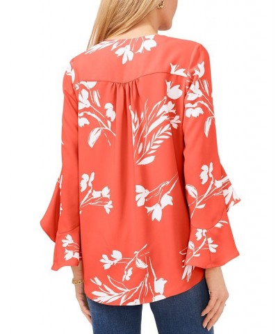 Women's Floral Whisper Printed Flutter-Sleeve Blouse Orange $29.16 Tops