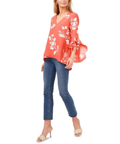 Women's Floral Whisper Printed Flutter-Sleeve Blouse Orange $29.16 Tops