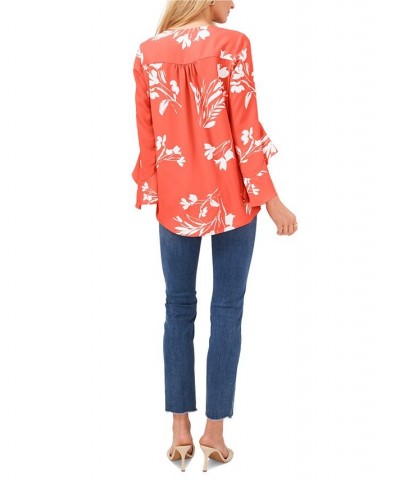 Women's Floral Whisper Printed Flutter-Sleeve Blouse Orange $29.16 Tops