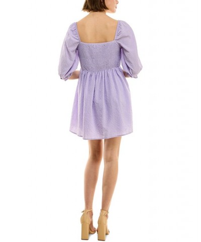 Juniors' Seersucker Square-Neck 3/4-Sleeve Dress Lavender $15.30 Dresses