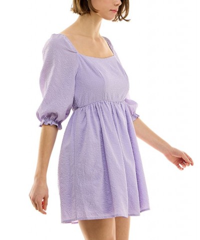 Juniors' Seersucker Square-Neck 3/4-Sleeve Dress Lavender $15.30 Dresses