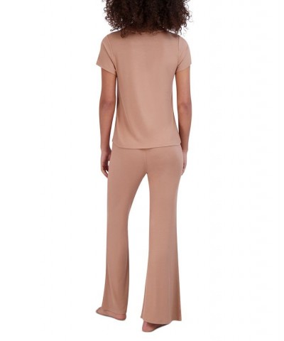 Women's Ribbed Flare-Leg Sleep Pants Tan/Beige $14.08 Sleepwear