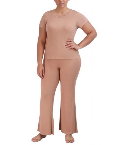 Women's Ribbed Flare-Leg Sleep Pants Tan/Beige $14.08 Sleepwear