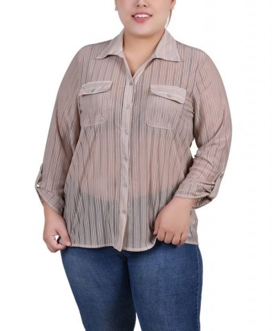 Plus Size Long Roll Tab Sleeve Burnout Knit Top Tan/Beige $11.68 Tops