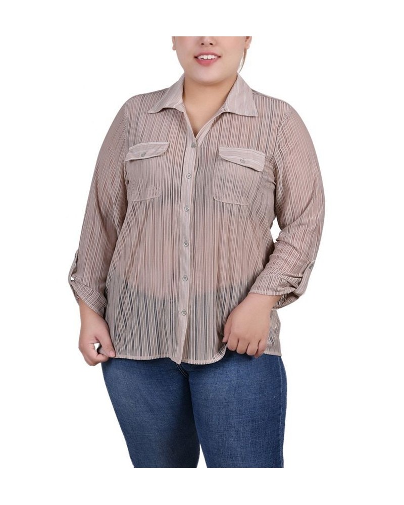 Plus Size Long Roll Tab Sleeve Burnout Knit Top Tan/Beige $11.68 Tops