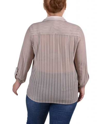 Plus Size Long Roll Tab Sleeve Burnout Knit Top Tan/Beige $11.68 Tops