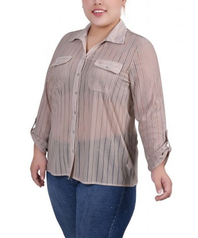 Plus Size Long Roll Tab Sleeve Burnout Knit Top Tan/Beige $11.68 Tops