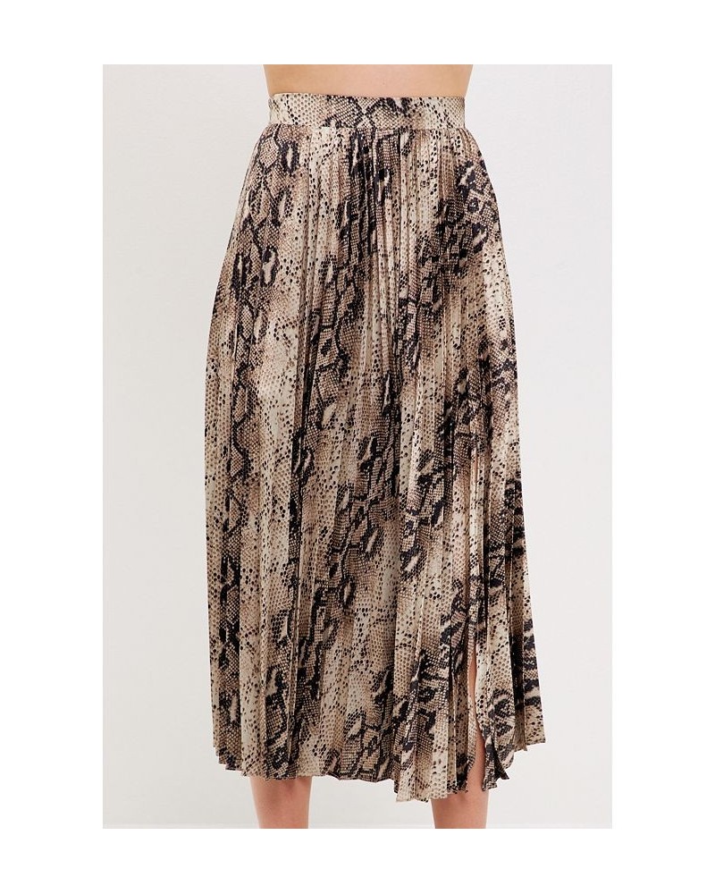 Women's Snake Skin Pleated Slit Midi Skirt Tan multi $37.40 Skirts