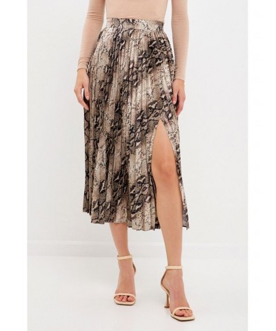 Women's Snake Skin Pleated Slit Midi Skirt Tan multi $37.40 Skirts