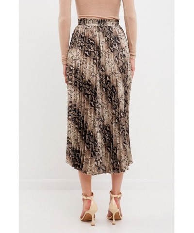 Women's Snake Skin Pleated Slit Midi Skirt Tan multi $37.40 Skirts