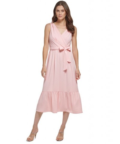 Women's V-Neck Sleeveless Ruffled-Hem Midi Dress Cream/Pink $53.28 Dresses