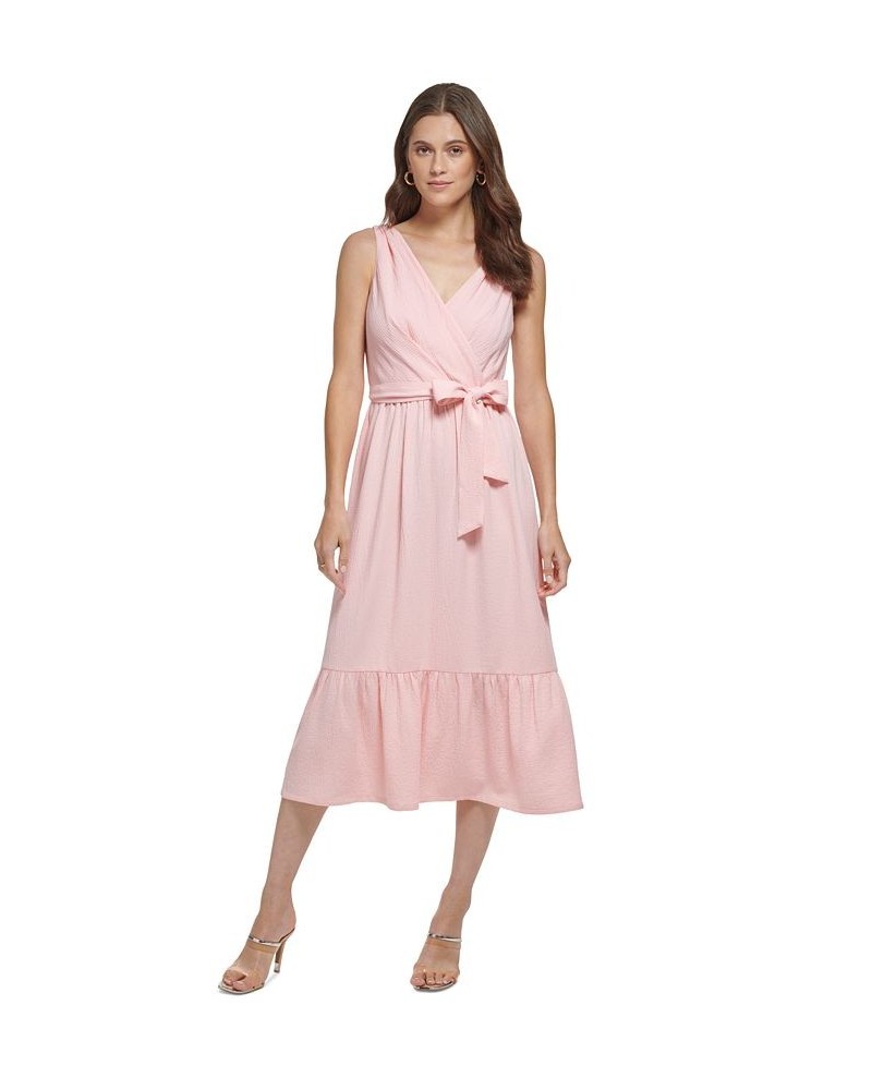 Women's V-Neck Sleeveless Ruffled-Hem Midi Dress Cream/Pink $53.28 Dresses