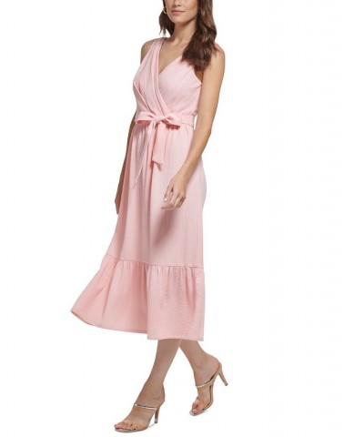 Women's V-Neck Sleeveless Ruffled-Hem Midi Dress Cream/Pink $53.28 Dresses