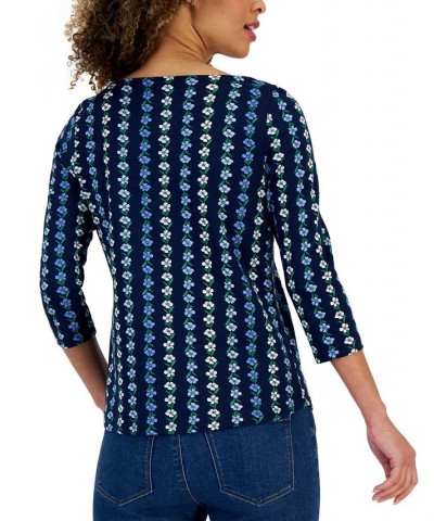 Petite Climbing Blooms Boat-Neck Button-Trim Top Blue $11.25 Tops