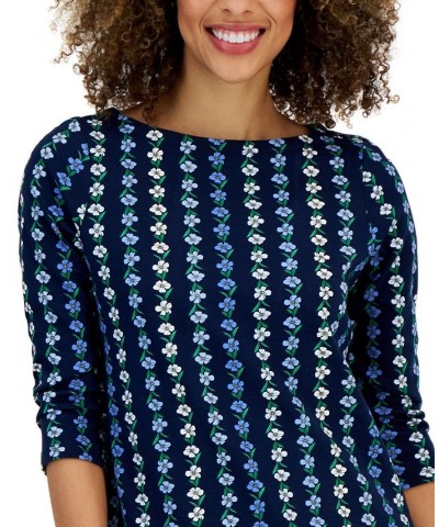 Petite Climbing Blooms Boat-Neck Button-Trim Top Blue $11.25 Tops