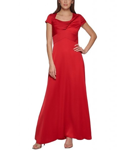 Women's Cap-Sleeve Scoop-Neck Satin Back Crepe Gown Scarlet $46.70 Dresses