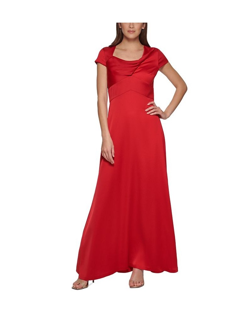 Women's Cap-Sleeve Scoop-Neck Satin Back Crepe Gown Scarlet $46.70 Dresses