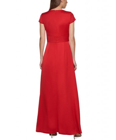 Women's Cap-Sleeve Scoop-Neck Satin Back Crepe Gown Scarlet $46.70 Dresses