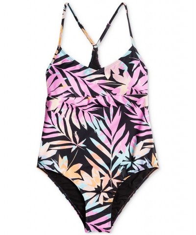 Juniors' Floral-Print Active One-Piece Swimsuit Anthracite Zebra Jungle $50.00 Swimsuits