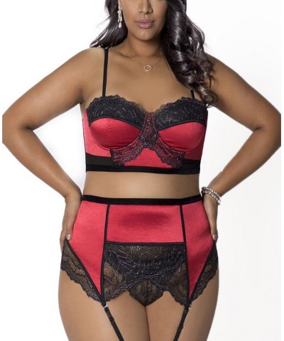 Women's Plus Size Bustier Garter & Panty 3pc Lingerie Set Red $34.79 Lingerie