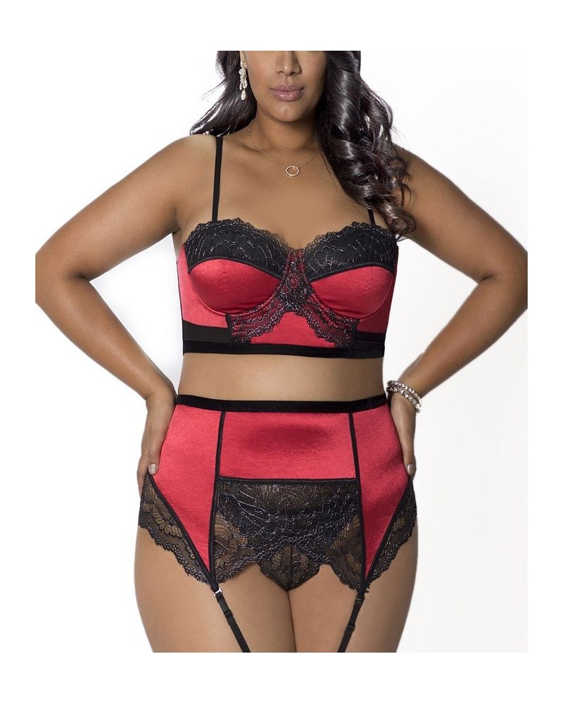 Women's Plus Size Bustier Garter & Panty 3pc Lingerie Set Red $34.79 Lingerie