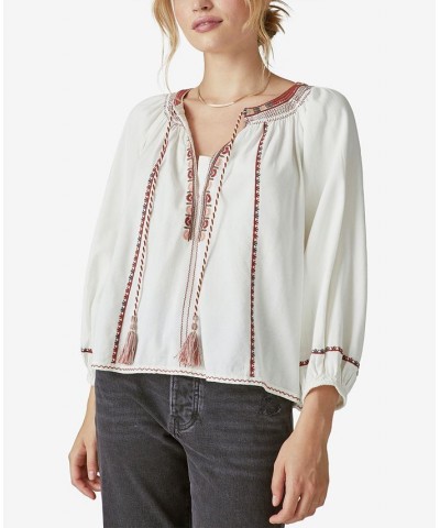 Long Sleeve Embroidered Peasant Blouse Whitecap Gray $27.37 Tops