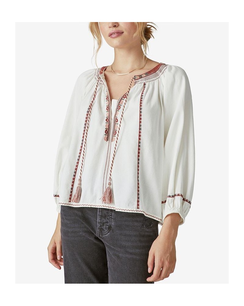 Long Sleeve Embroidered Peasant Blouse Whitecap Gray $27.37 Tops